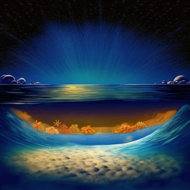 Photo a digital painting of a ocean with the sun shining on it.