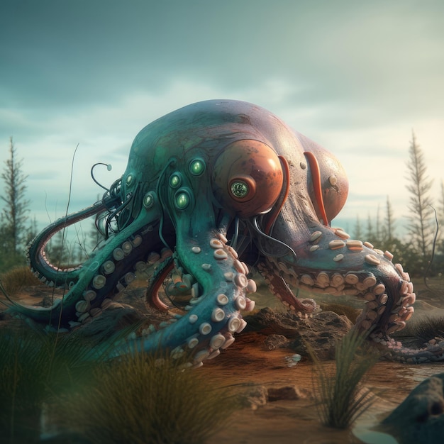 A digital painting of a octopus with a body of water in the background