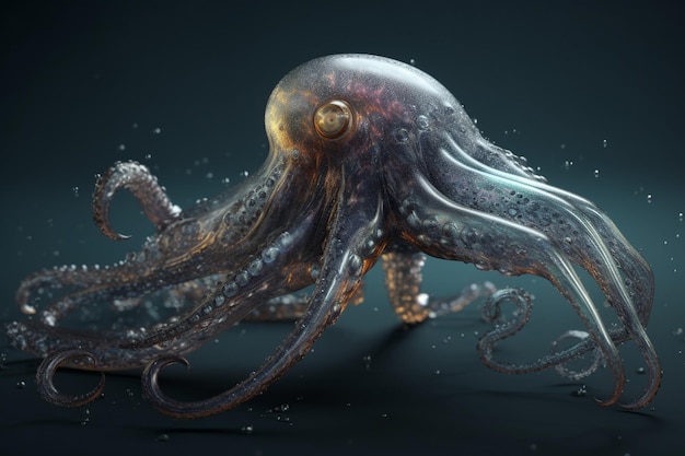 A digital painting of an octopus with a gold and blue skin and a gold ring around its eyes.