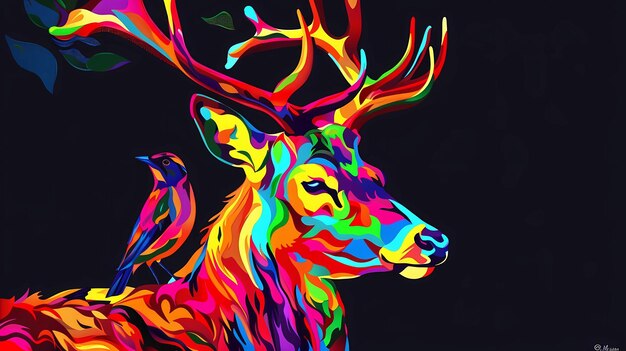 写真 鹿の頭のデジタル絵画 角とカラフルな背景 ジェネレーティブaiイラスト
