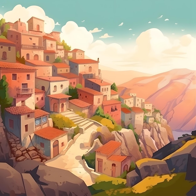 Фото Цифровая живопись деревни в горах