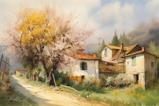 写真 トスカーナの桜のある村のデジタル絵画生成 ai