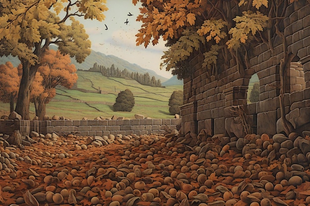 Digital painting of an old stone wall in the countryside with autumn trees