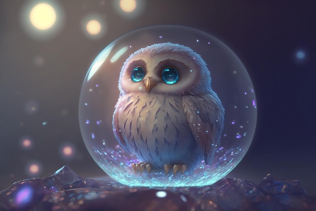 A digital painting of a owl with blue eyes sits in a bubble.