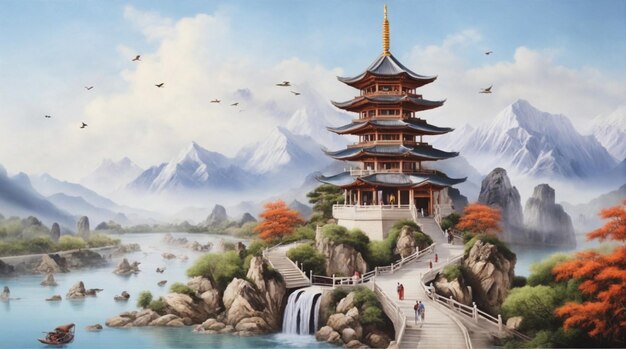 A digital painting of a pagoda and a waterfall