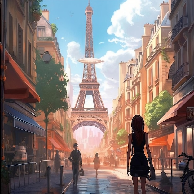 A digital painting of a Paris city with an Eifel and street