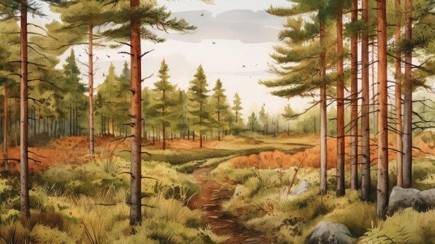 Photo digital painting of a path in the forest with pine trees and grass