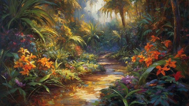 Digital painting of path in tropical garden with colorful flowers and sunlight