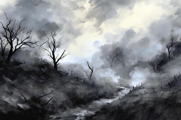 Digital painting of a path in the woods leading to the sky