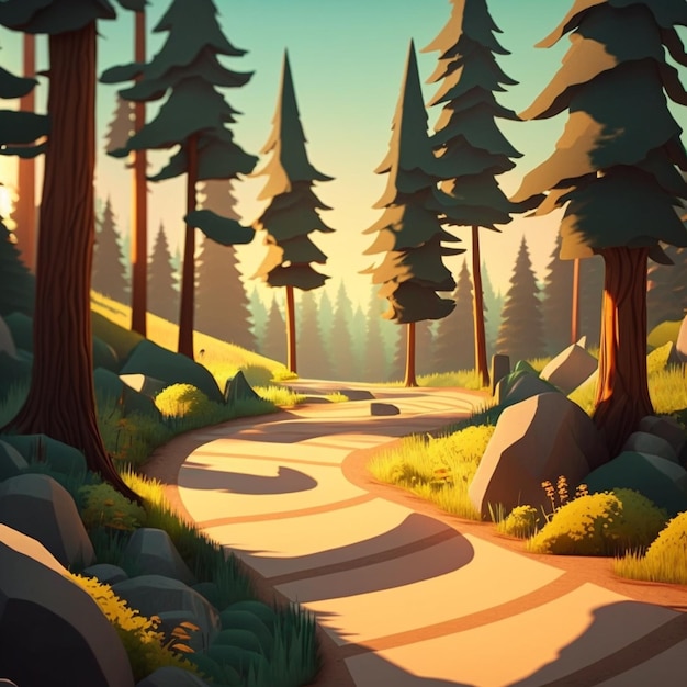 A digital painting of a path in the woods with rocks and trees.