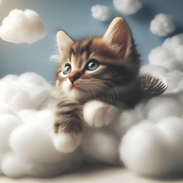 雲の間で静かに眠っている平和な白い猫のデジタル絵画