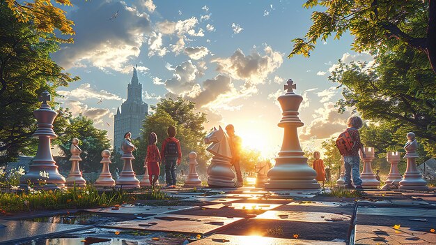 a digital painting of people playing chess in a park with the sun rising behind them