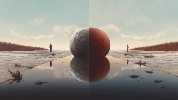 Photo a digital painting of a person standing in front of a large ball with the words'planet'on it