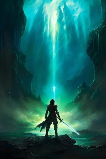 A digital painting of a person standing in front of a waterfall