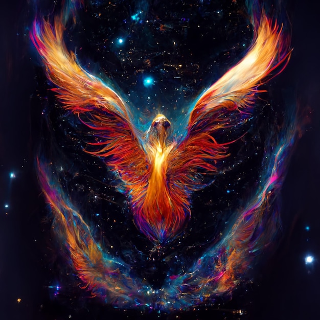 A digital painting of a phoenix with the word phoenix on it