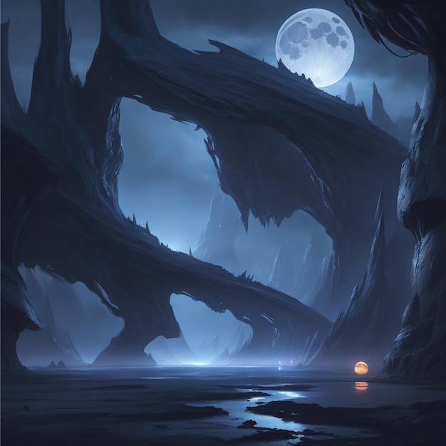 digital painting of a Photo futuristic fantasy night landscape with abstract landscape moonlight shi