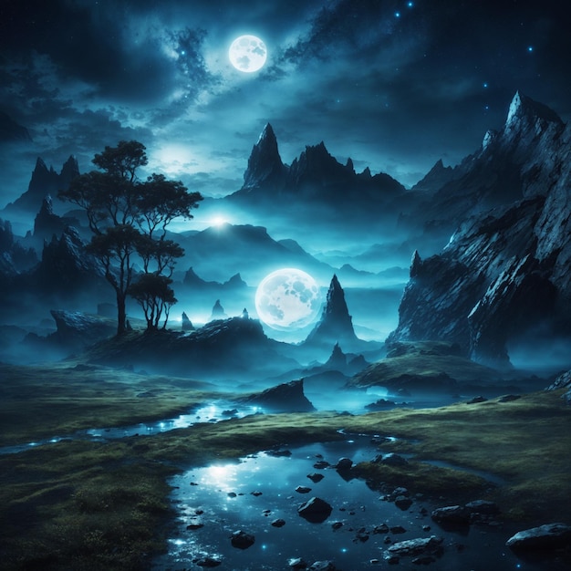 抽象的な風景月明かりのある写真の未来的なファンタジーの夜の風景のデジタル絵画