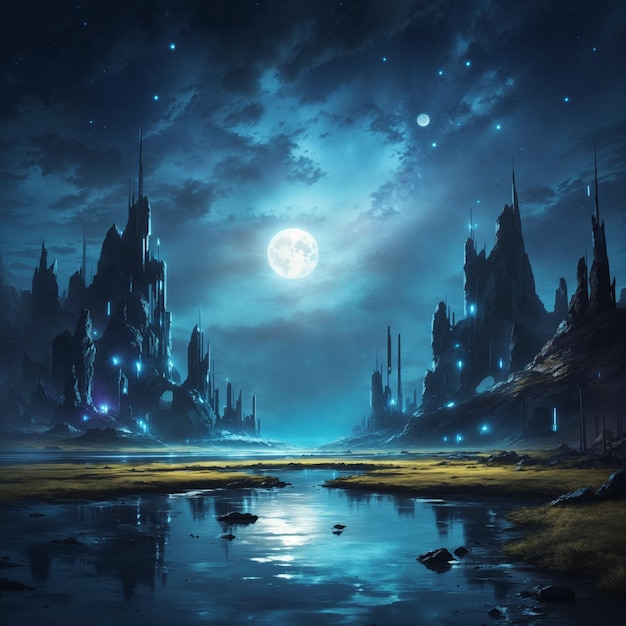 digital painting of a Photo futuristic fantasy night landscape with abstract landscape moonlight