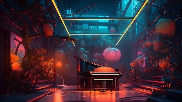 A digital painting of a piano in a dark room with a pink light and a large number of lights.