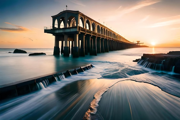 A digital painting of a pier with a sunset in the background.