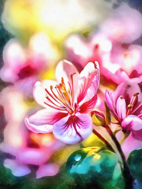 Digital painting of a pink cherry blossom flower macro AI watercolor