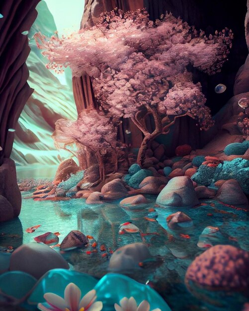 Photo a digital painting of a pink tree surrounded by rocks and a river.