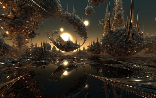 Цифровая картина планеты со множеством странных объектов и сияющим на ней солнцем.