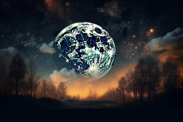 A digital painting of a planet with the moon in the background.