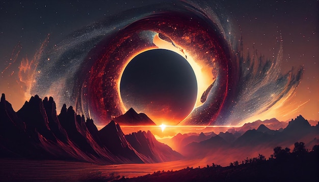 A digital painting of a planet with a ring of fire and the sun