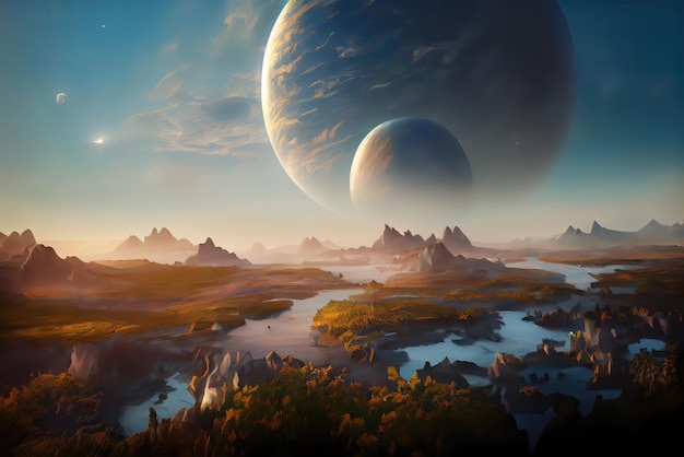 A digital painting of a planet with two moons on it