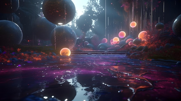 A digital painting of a pool of water with many colorful balls floating in the water.