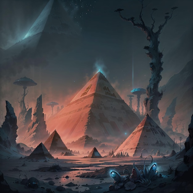 Premium AI Image | A digital painting of a pyramid with a blue and red ...