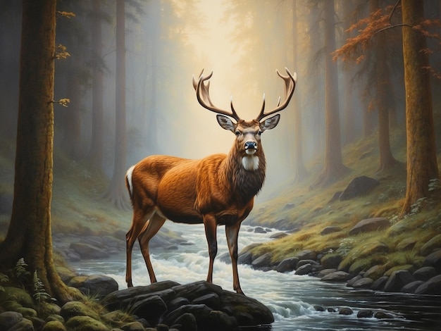 Digital painting of a red deer stag in a misty forest