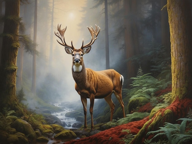 Digital painting of a red deer stag in a misty forest