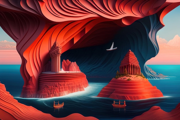 A digital painting of a red mountain with a boat in the water and a boat in the water.