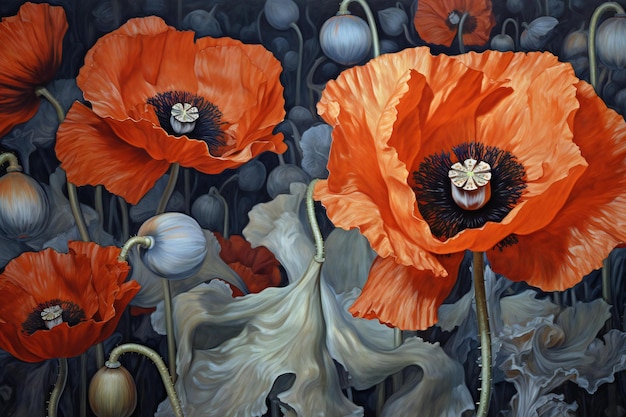 Digital painting of red poppies on a dark background Digital painting