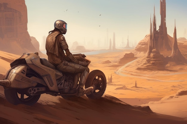 背景の原始的な都市を見下ろしながら、未来的なスピーダー バイクの横で休むライダーのデジタル絵画ファンタジー イラストジェネレーティブ AI