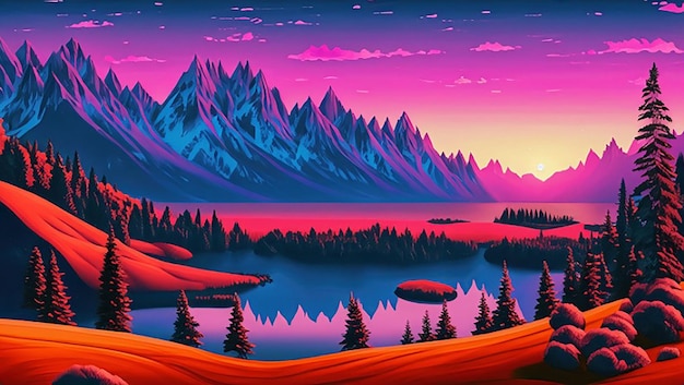 A digital painting of a river or lake and mountains with a sunset or sunrise in the background