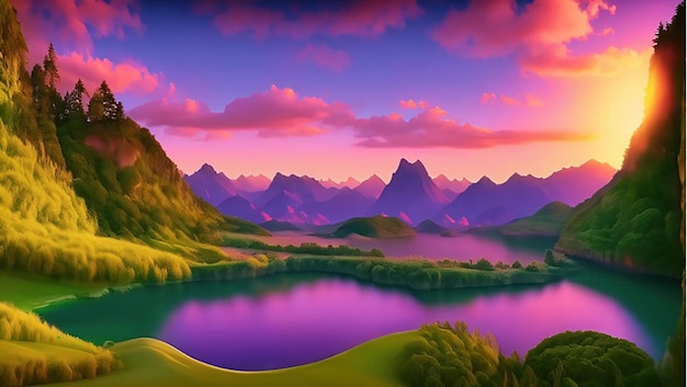 A digital painting of a river or lake and mountains with a sunset or sunrise in the background