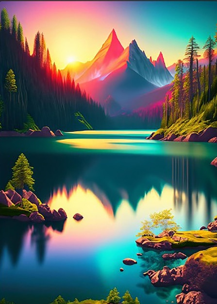 A digital painting of a river or lake and mountains with a sunset or sunrise in the background