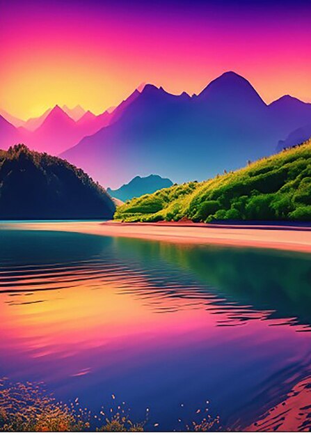 A digital painting of a river or lake and mountains with a sunset or sunrise in the background