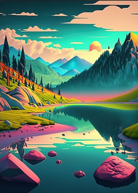 Premium AI Image | A digital painting of a river or lake and mountains ...