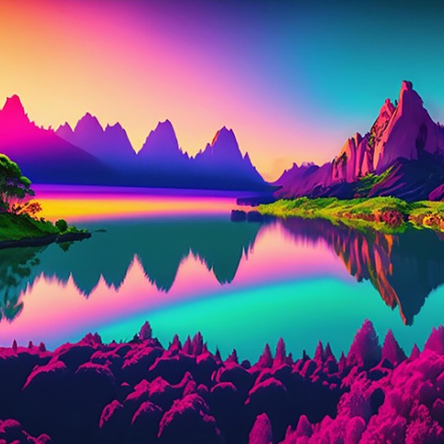 A digital painting of a river or lake and mountains with a sunset or sunrise in the background