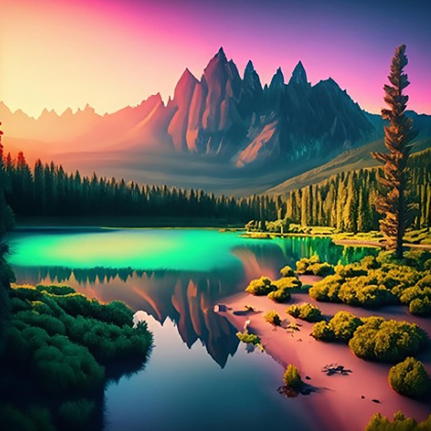 Цифровая картина реки или озера и гор на фоне заката или восхода солнца.