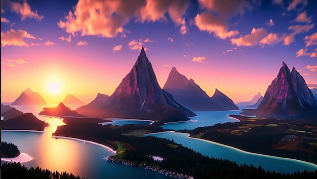 A digital painting of a river or lake and mountains with a sunset or sunrise in the background