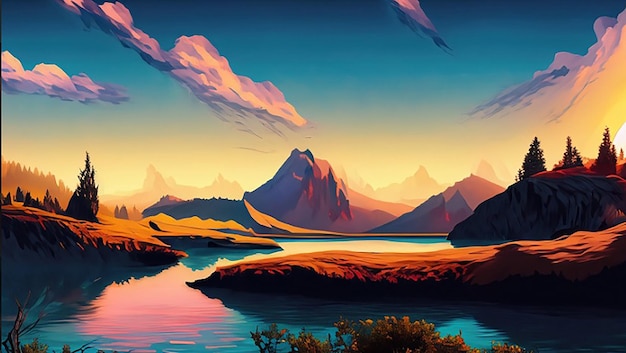 A digital painting of a river or lake and mountains with a sunset or sunrise in the background