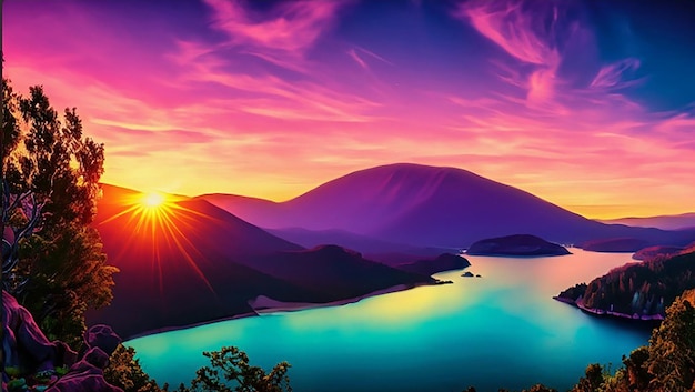 A digital painting of a river or lake and mountains with a sunset or sunrise in the background