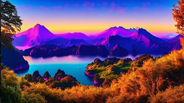 A digital painting of a river or lake and mountains with a sunset or sunrise in the background