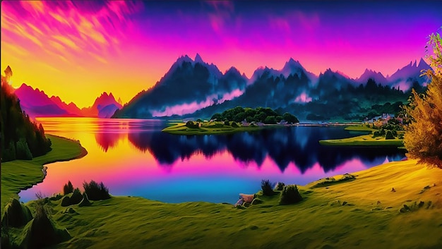 A digital painting of a river or lake and mountains with a sunset or sunrise in the background