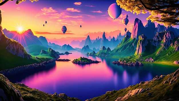 A digital painting of a river or lake and mountains with a sunset or sunrise in the background